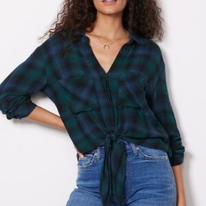 NWT Cloth & Stone Sapphire Plaid Tie Front Shirt Green Blue Medium